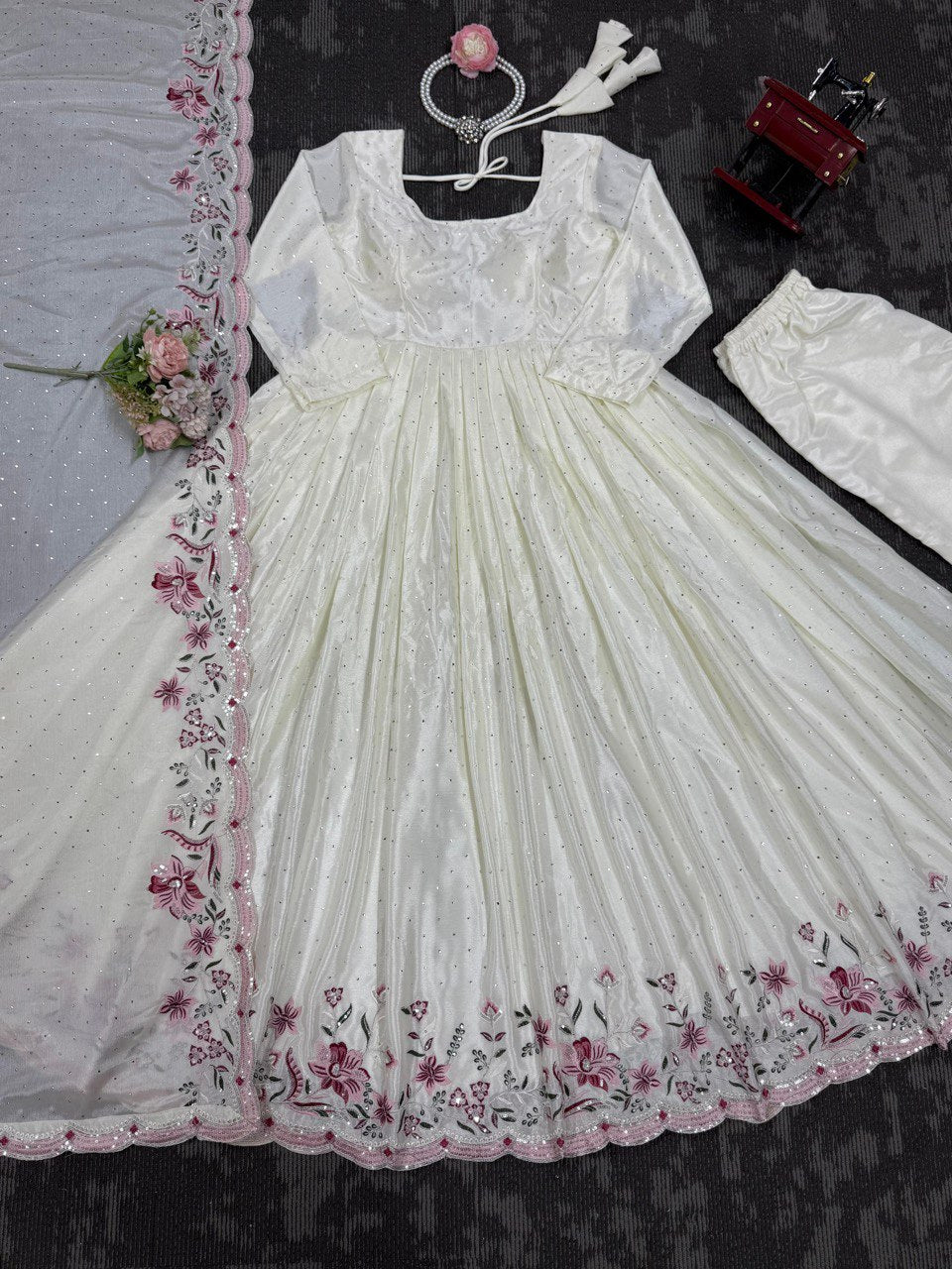Cream Color Fully Flair Anarkali Hand Work Set