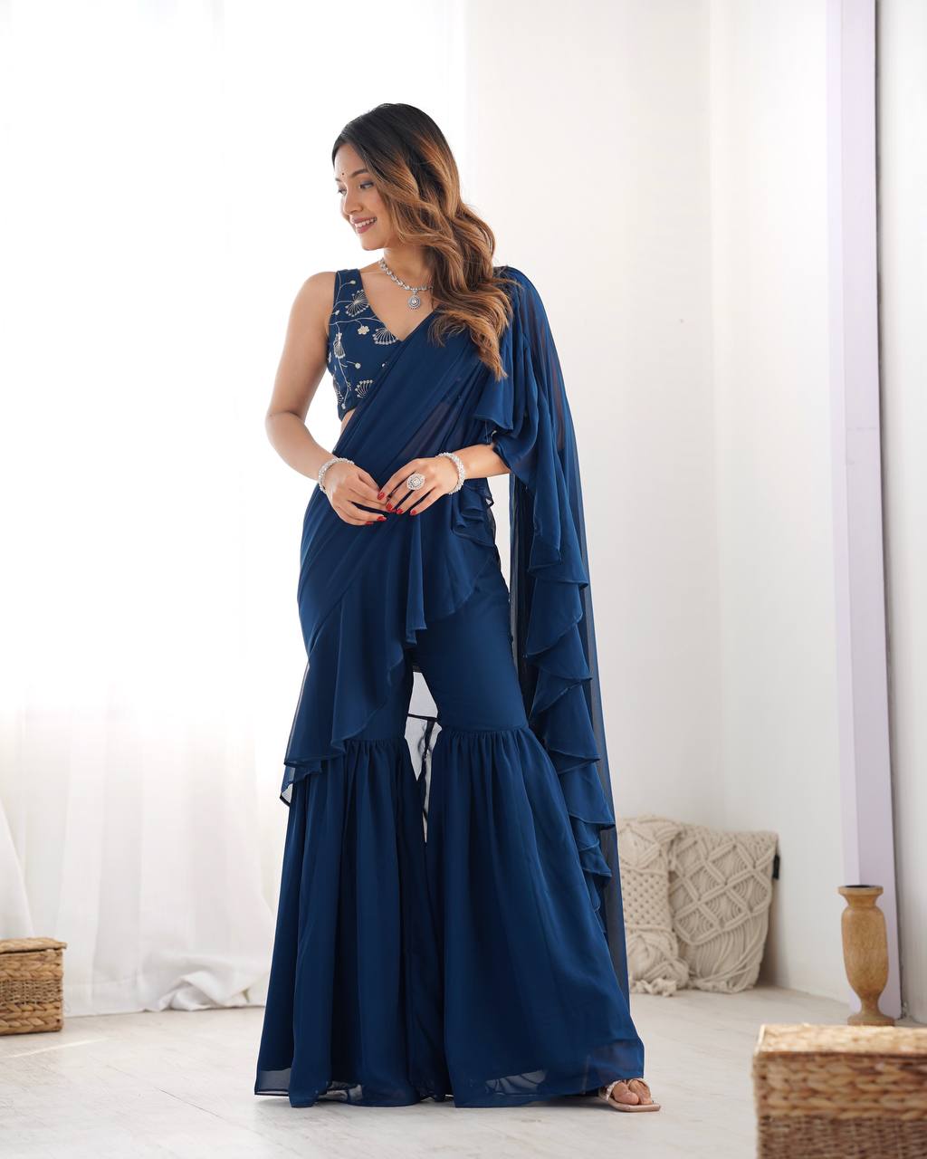 Peacock Blue Color Stylish Designer Sharara Saree