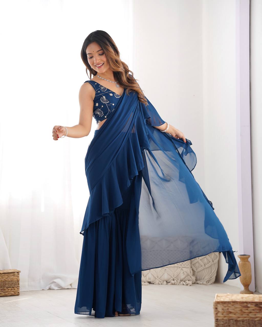 Peacock Blue Color Stylish Designer Sharara Saree