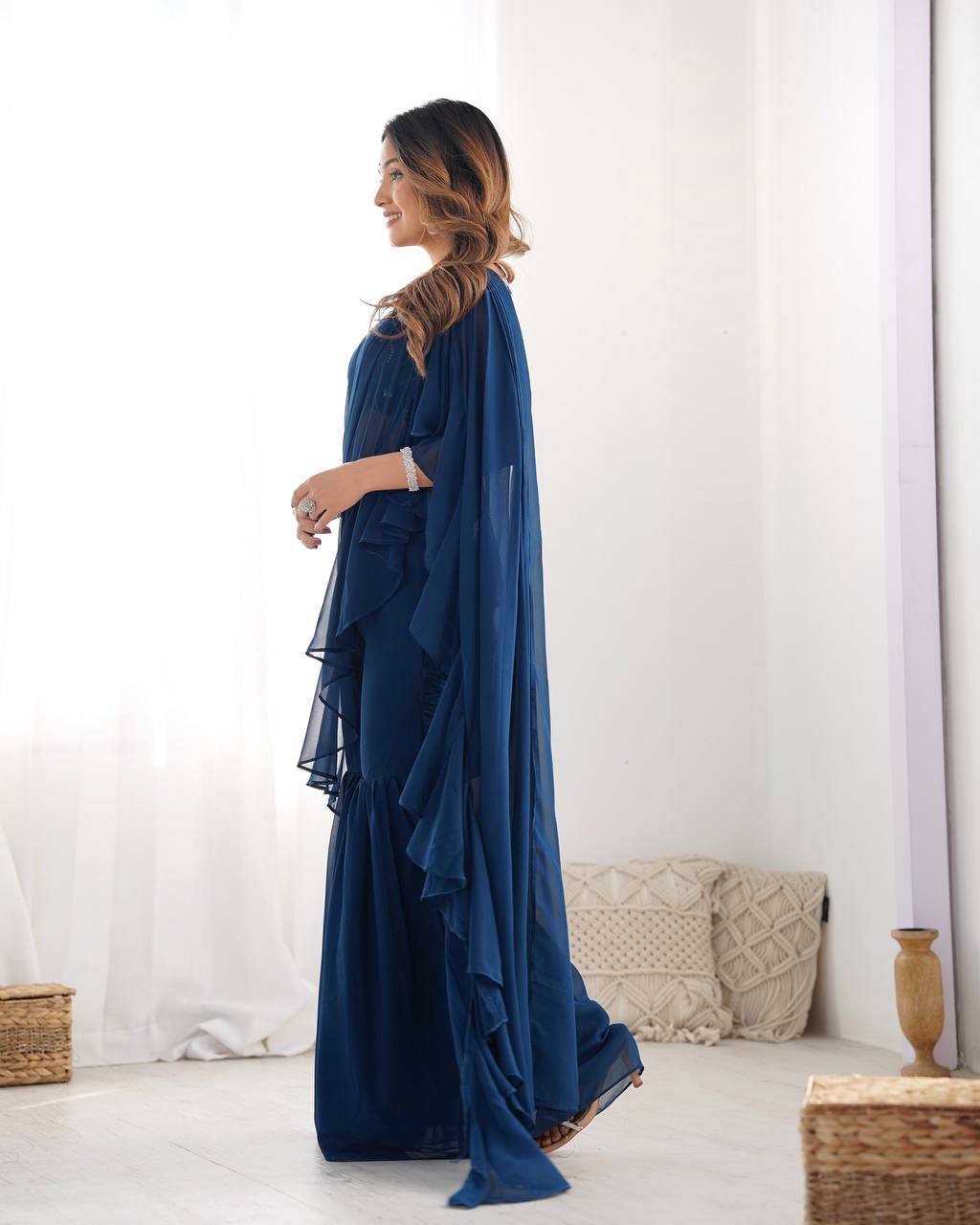 Peacock Blue Color Stylish Designer Sharara Saree