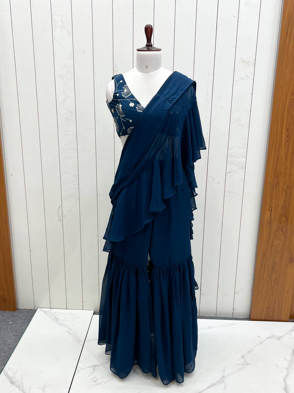 Peacock Blue Color Stylish Designer Sharara Saree
