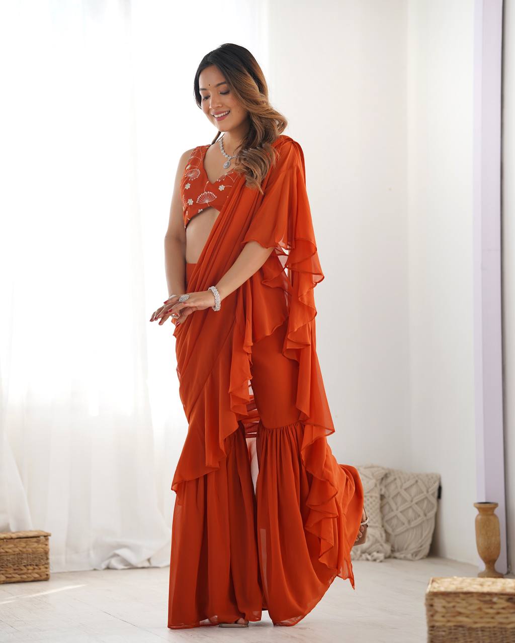 Peacock Blue Color Stylish Designer Sharara Saree