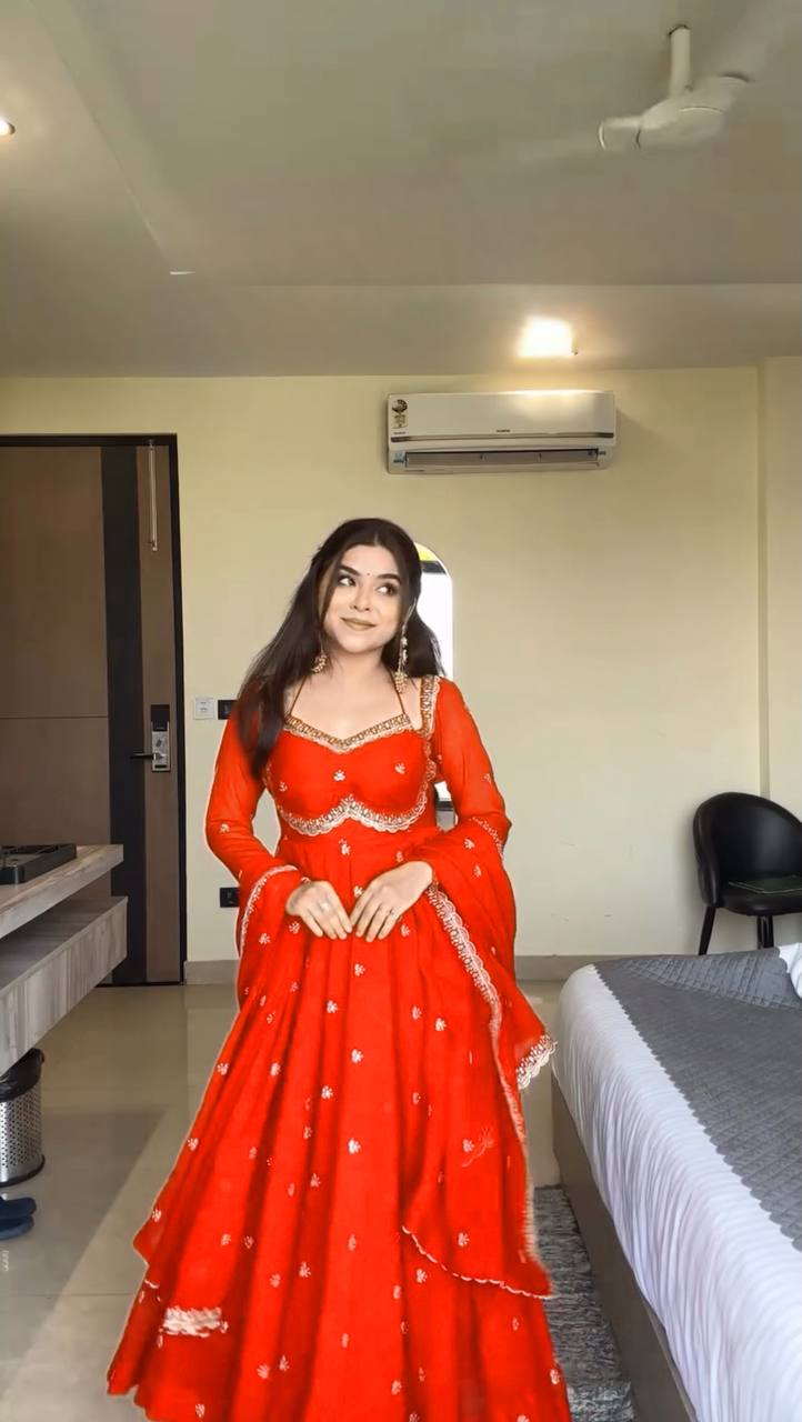 Rust Color 3-Pic Sequence Work Designer Anarkali Dress