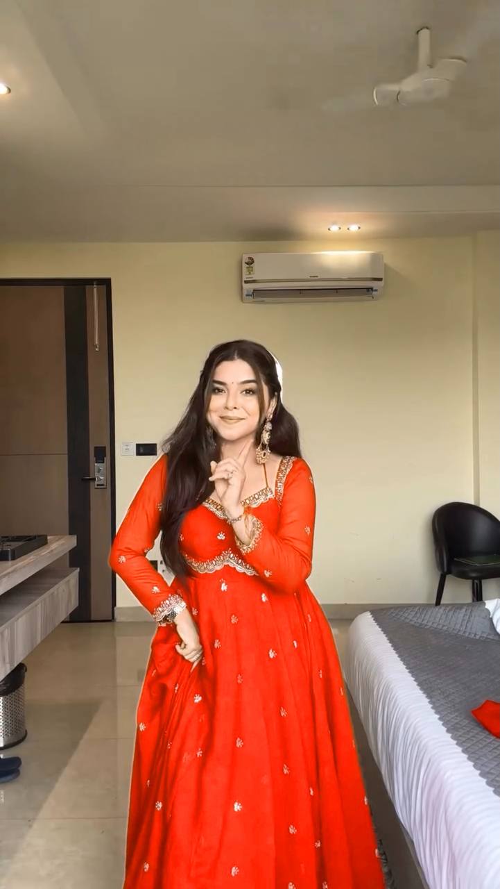 Rust Color 3-Pic Sequence Work Designer Anarkali Dress