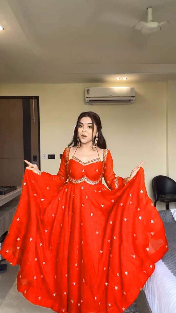 Rust Color 3-Pic Sequence Work Designer Anarkali Dress