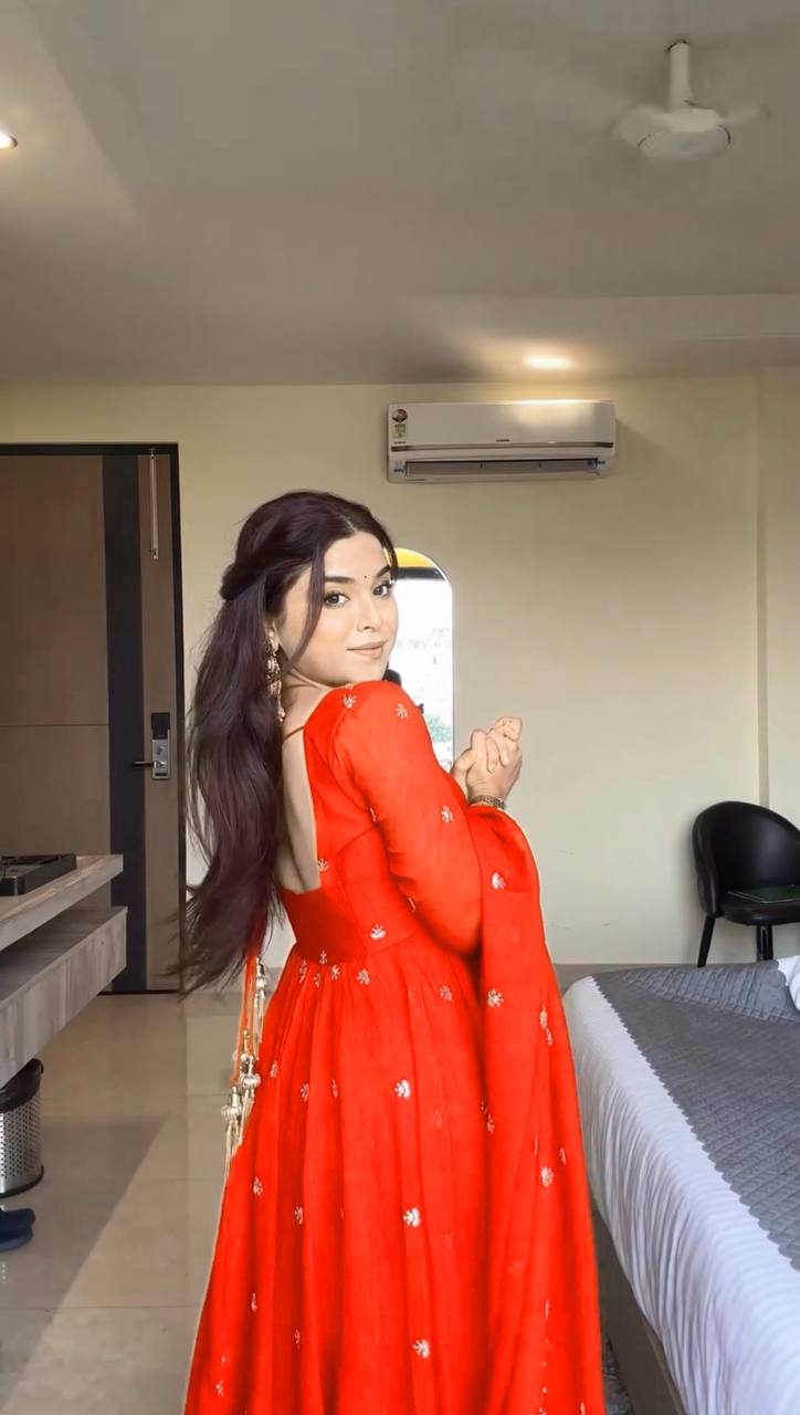 Rust Color 3-Pic Sequence Work Designer Anarkali Dress