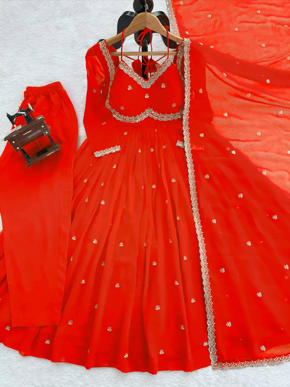 Rust Color 3-Pic Sequence Work Designer Anarkali Dress