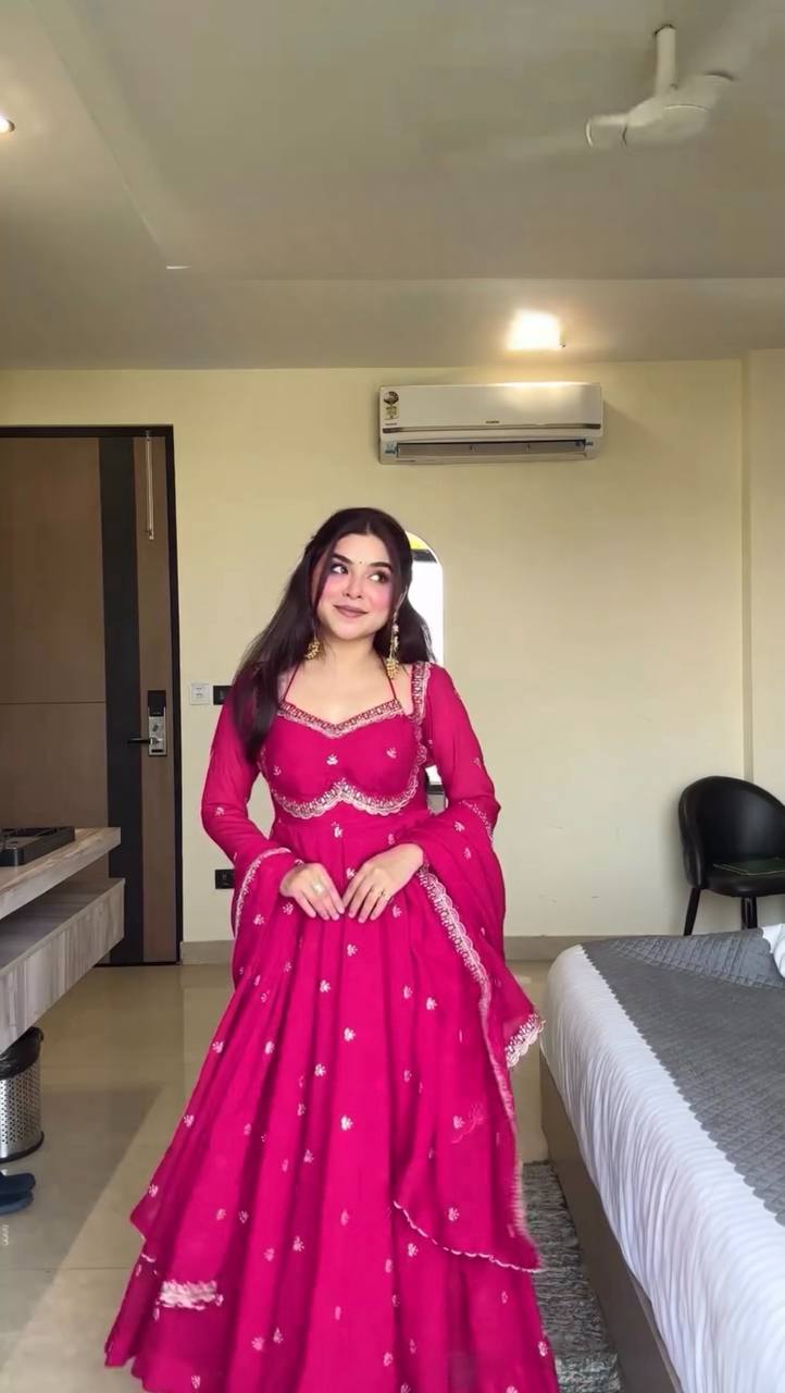 Rust Color 3-Pic Sequence Work Designer Anarkali Dress