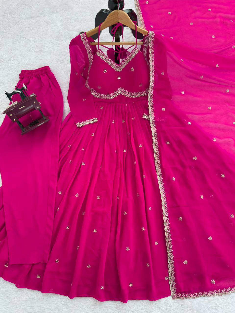 Rust Color 3-Pic Sequence Work Designer Anarkali Dress