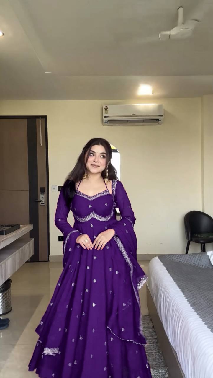 Rust Color 3-Pic Sequence Work Designer Anarkali Dress