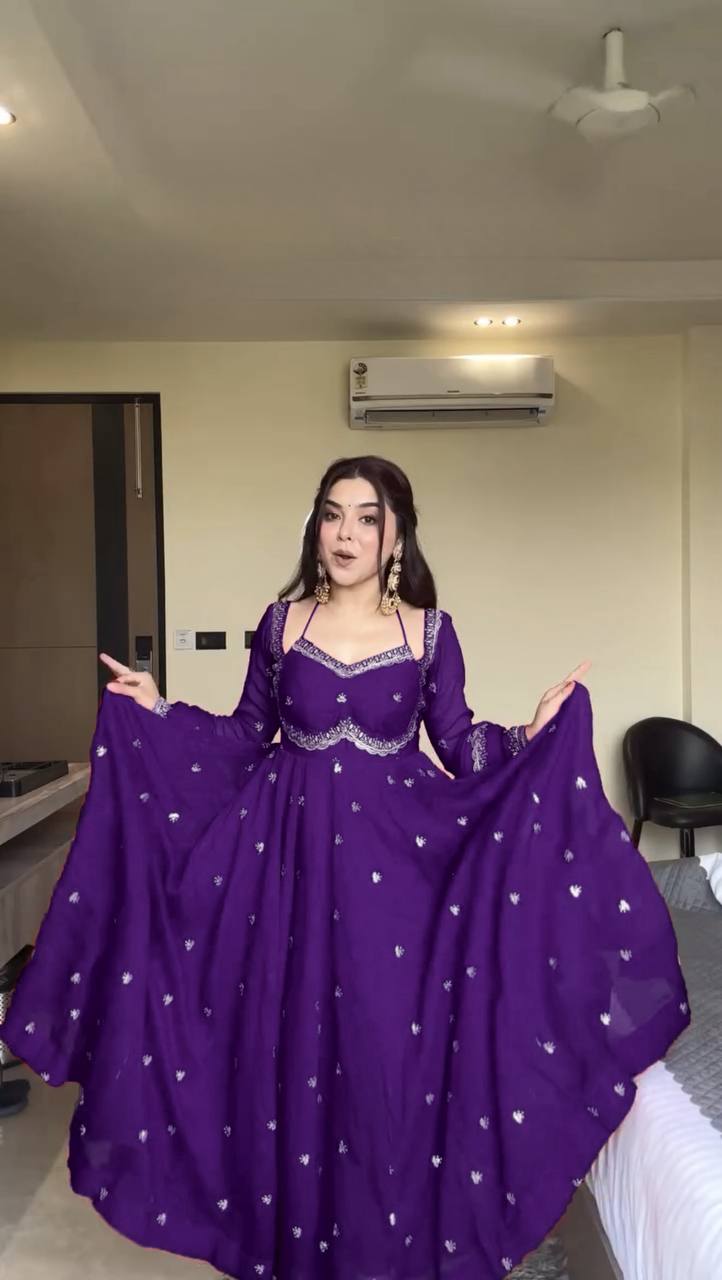 Rust Color 3-Pic Sequence Work Designer Anarkali Dress