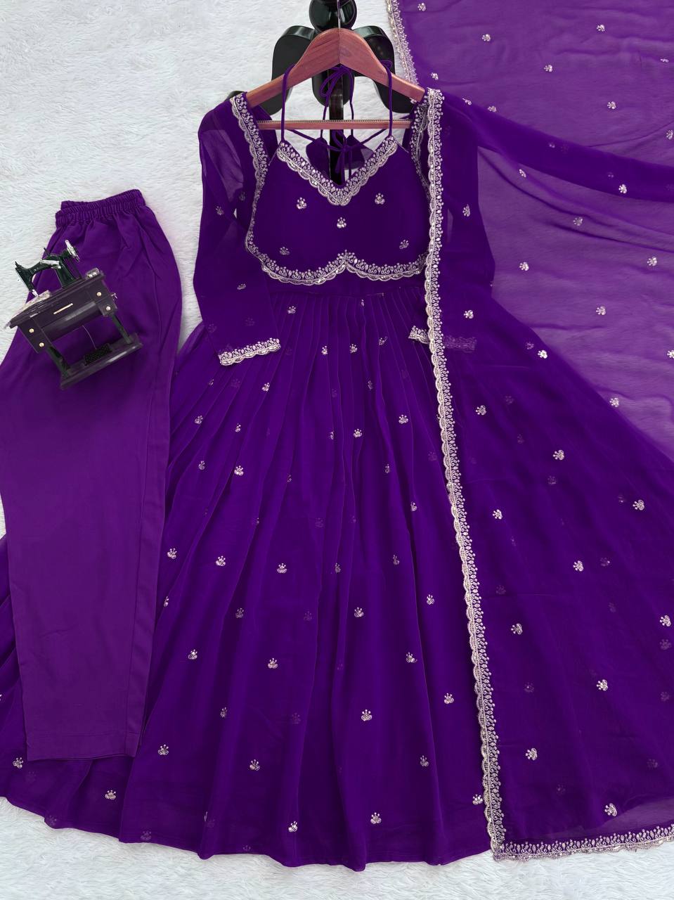 Rust Color 3-Pic Sequence Work Designer Anarkali Dress