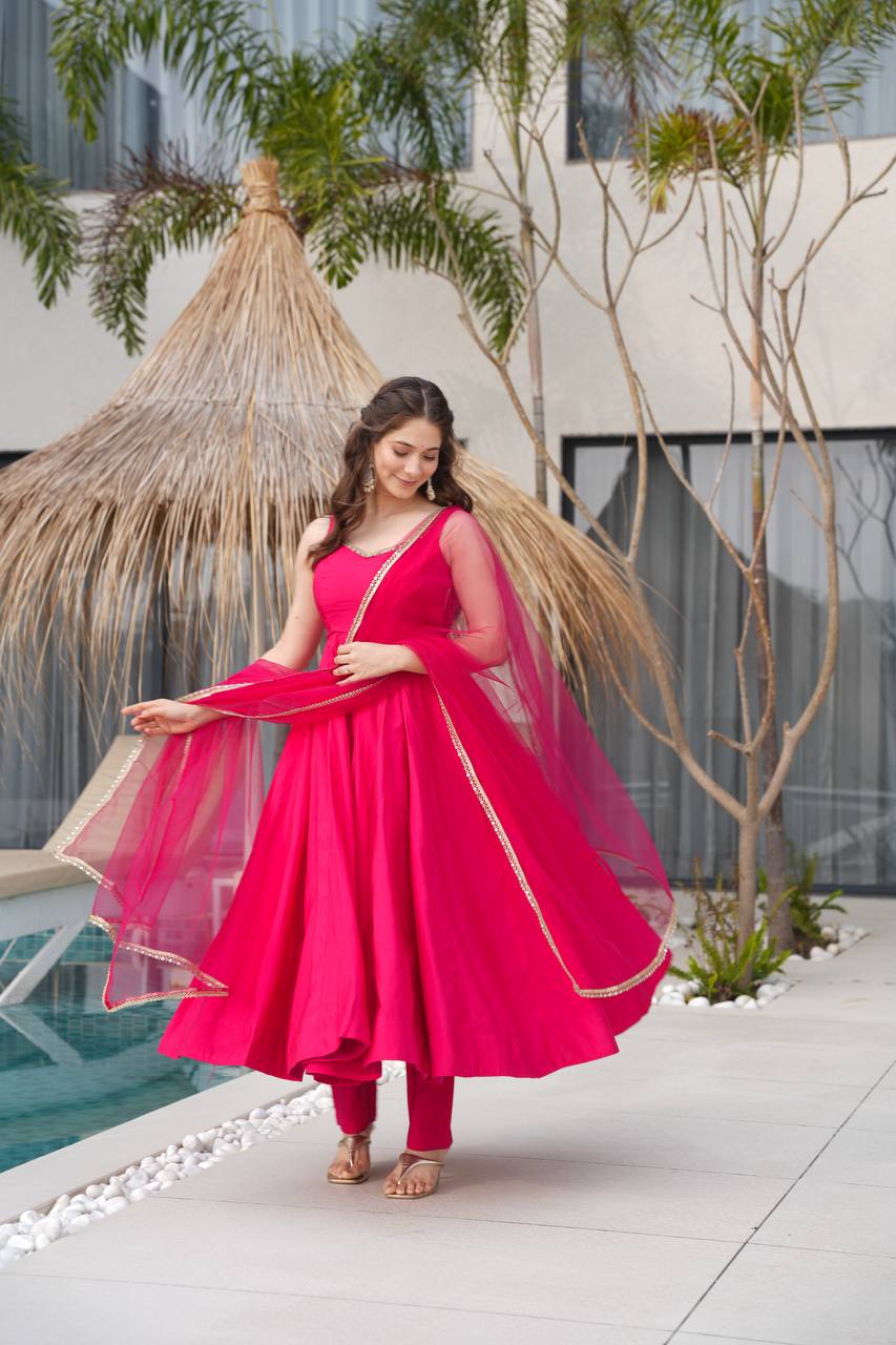 Most Beautiful Pink Color Fully Flair Party Wear Anarkali Gown