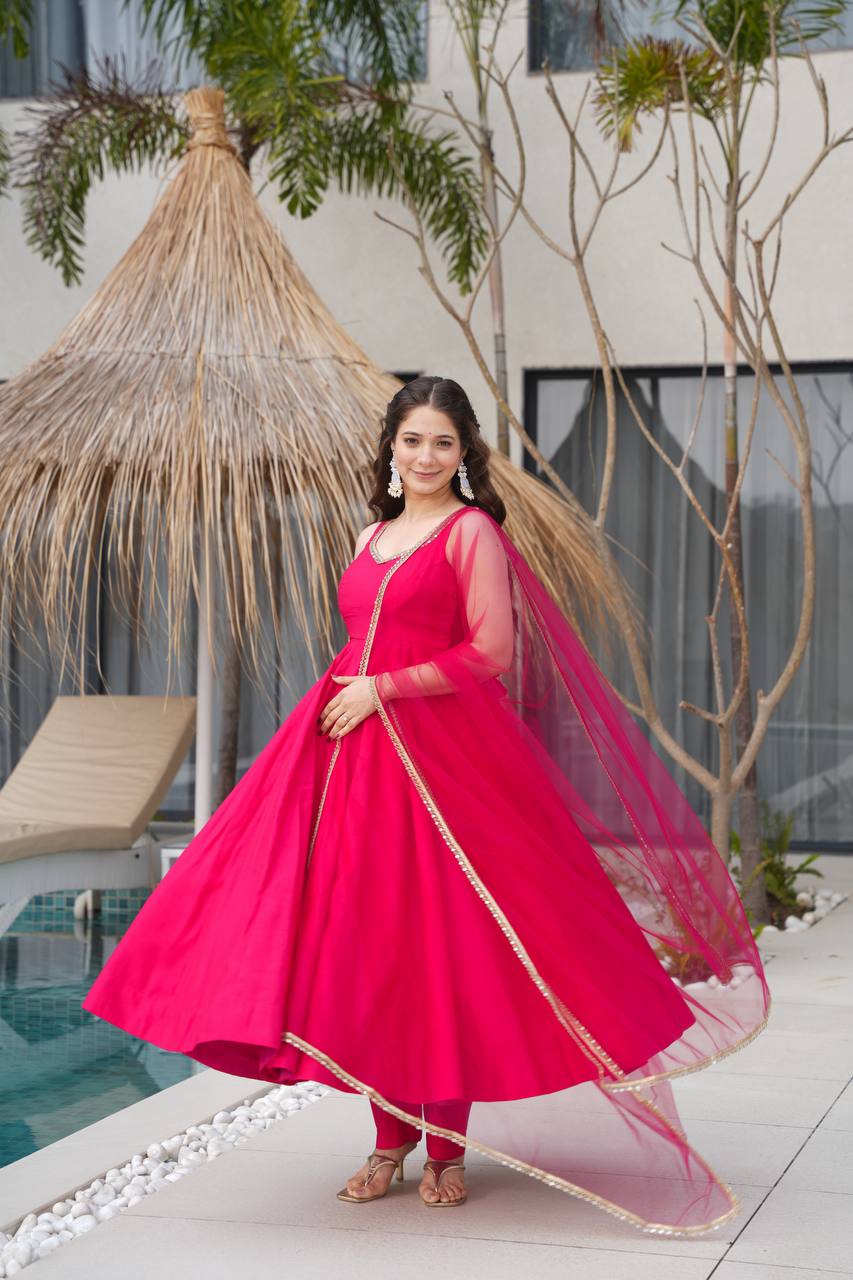 Most Beautiful Pink Color Fully Flair Party Wear Anarkali Gown