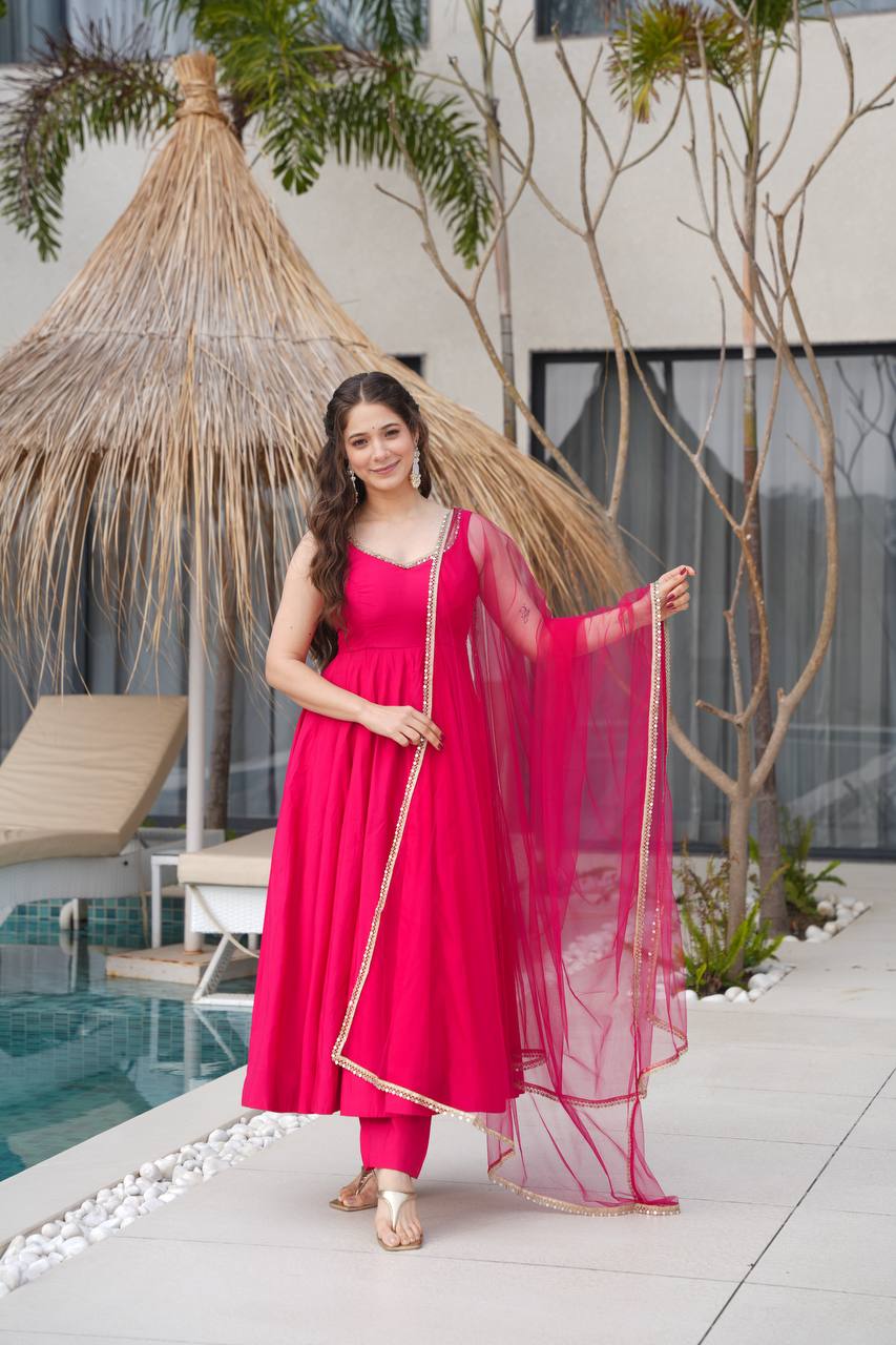 Most Beautiful Pink Color Fully Flair Party Wear Anarkali Gown