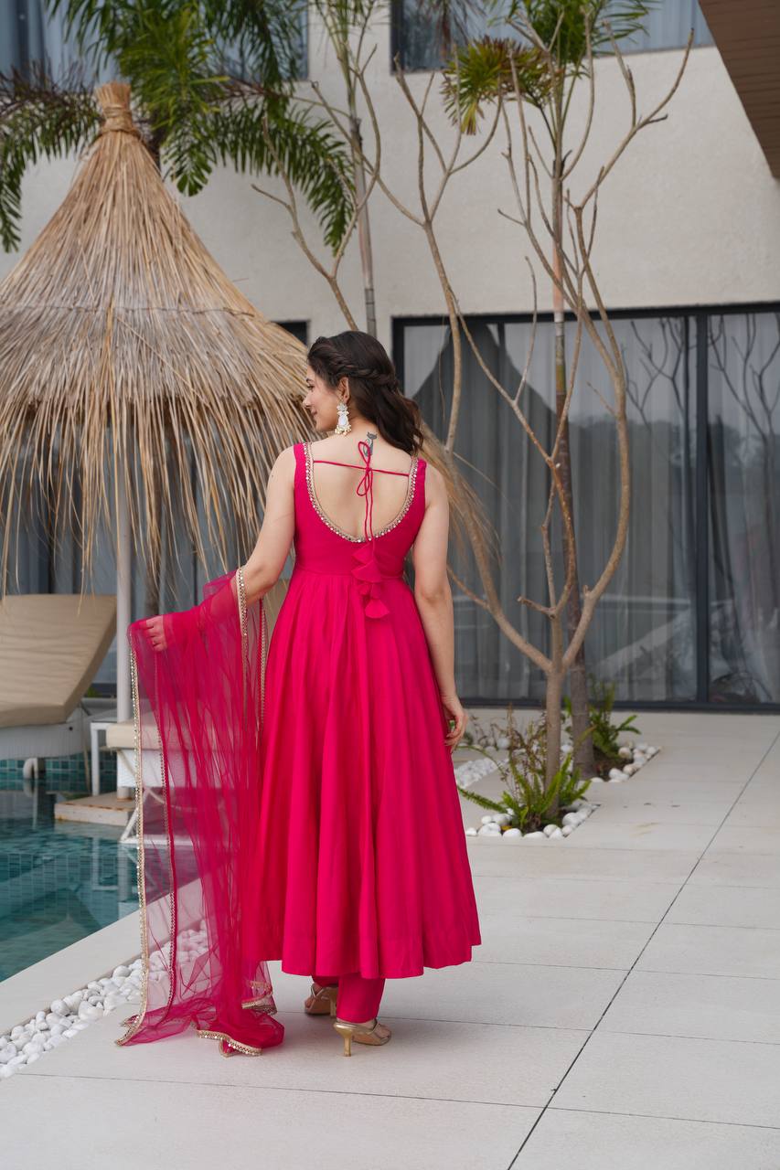 Most Beautiful Pink Color Fully Flair Party Wear Anarkali Gown