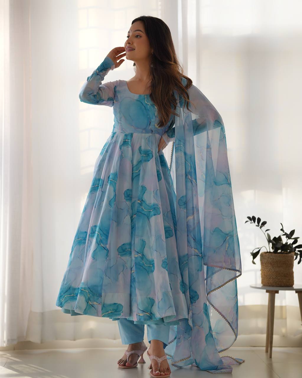 Sky Blue Printed Organza Anarkali Suit With Pant & Dupatta Set