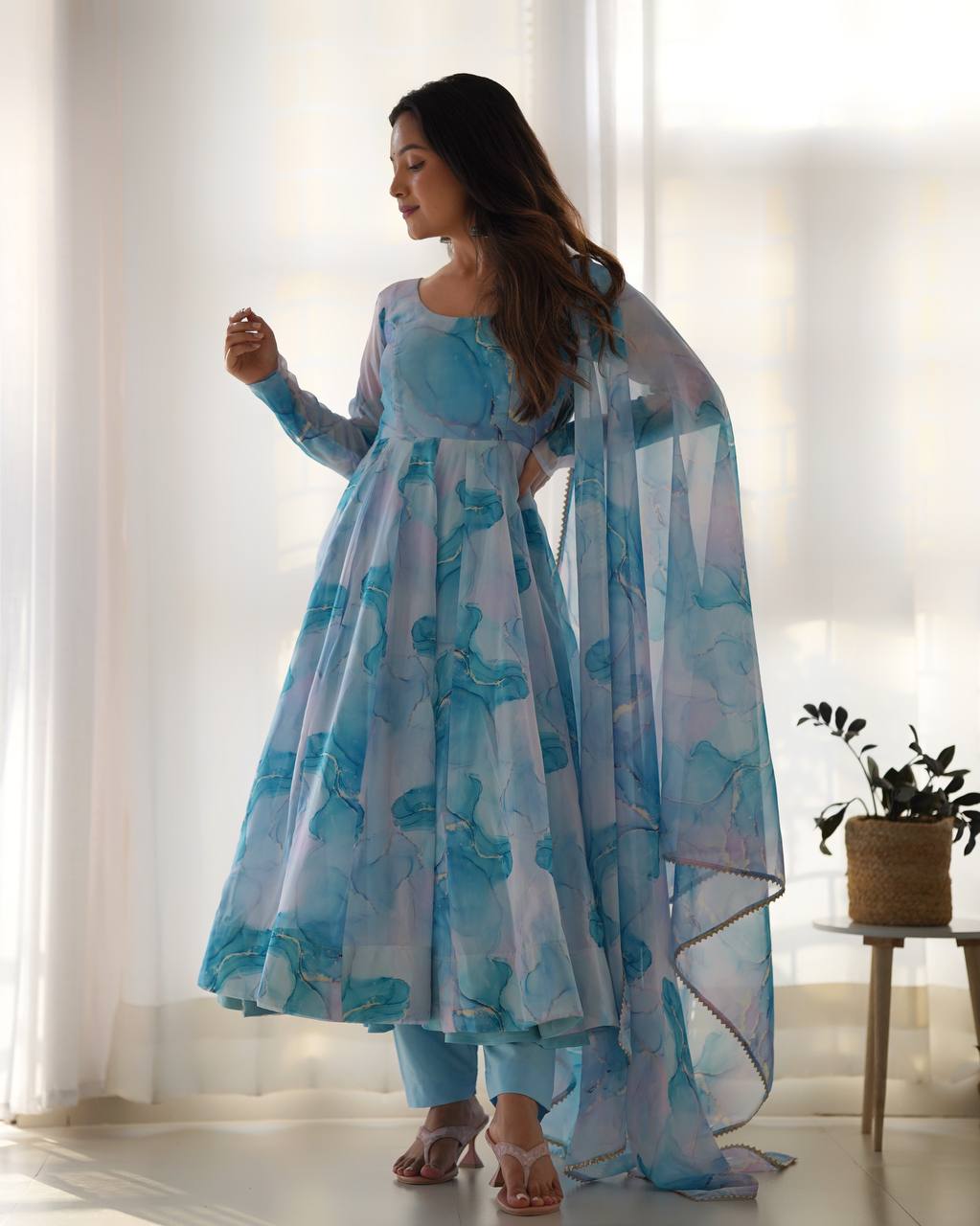 Sky Blue Printed Organza Anarkali Suit With Pant & Dupatta Set