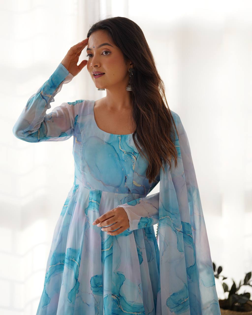 Sky Blue Printed Organza Anarkali Suit With Pant & Dupatta Set