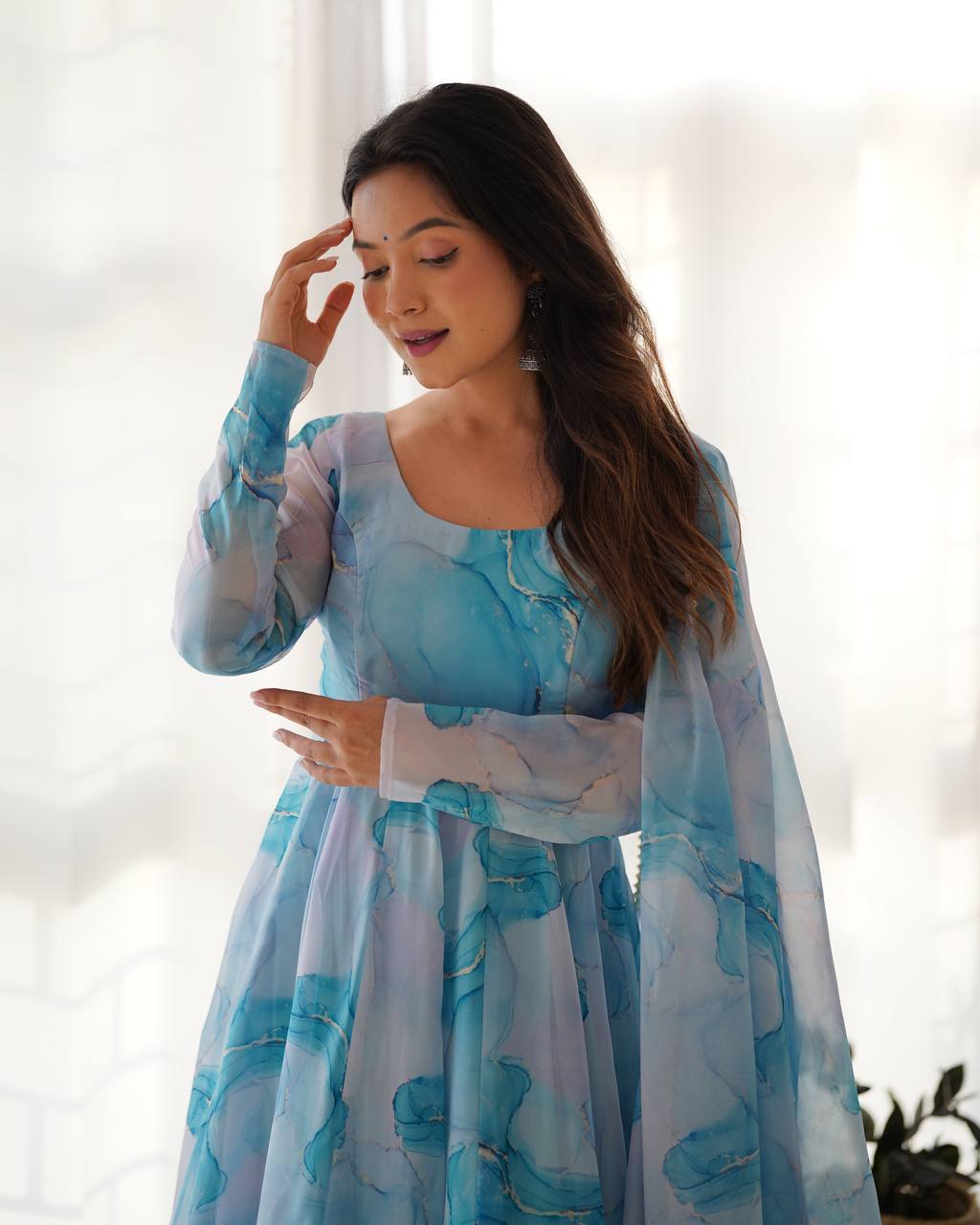 Sky Blue Printed Organza Anarkali Suit With Pant & Dupatta Set