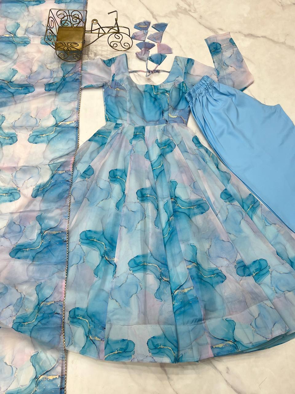 Sky Blue Printed Organza Anarkali Suit With Pant & Dupatta Set