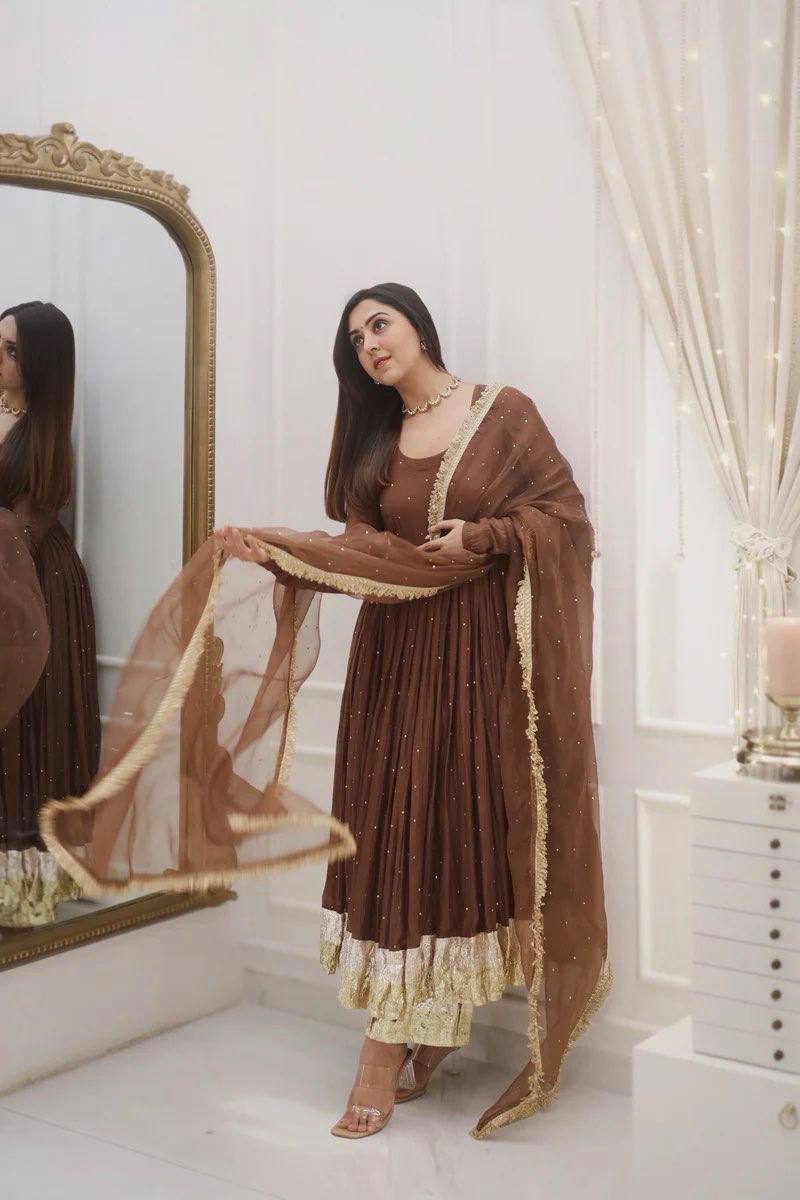 Brown Color Fully Flair Designer Anarkali Gown