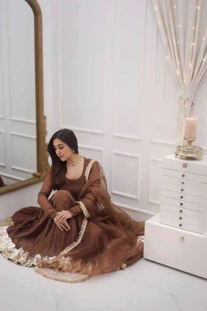 Brown Color Fully Flair Designer Anarkali Gown