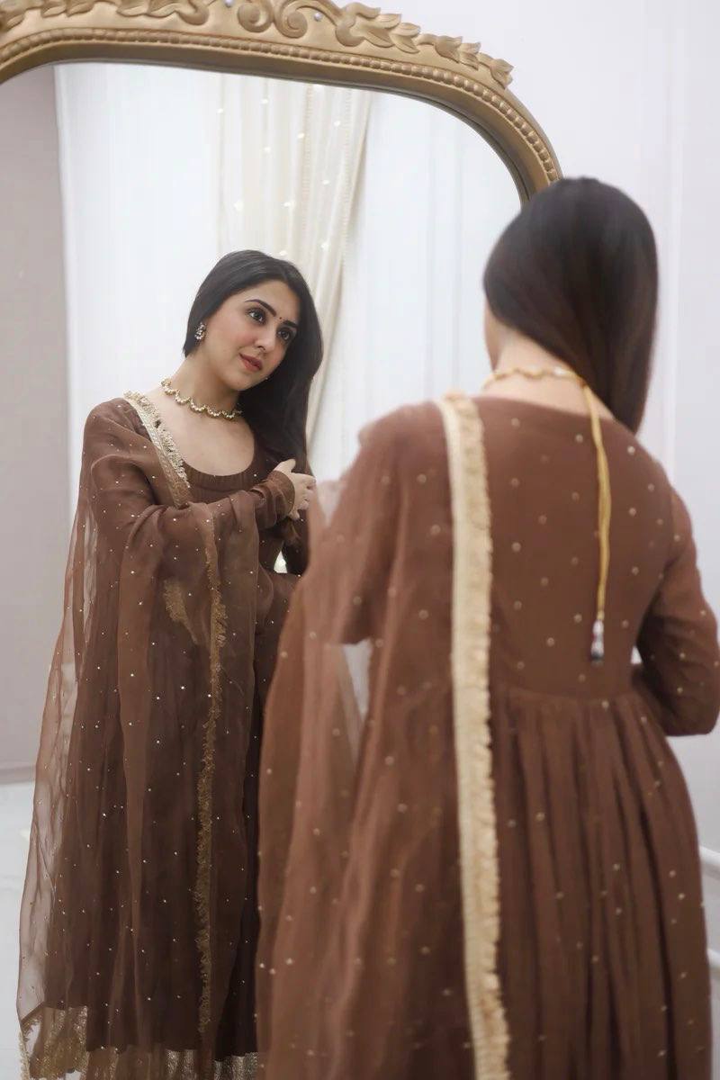 Brown Color Fully Flair Designer Anarkali Gown