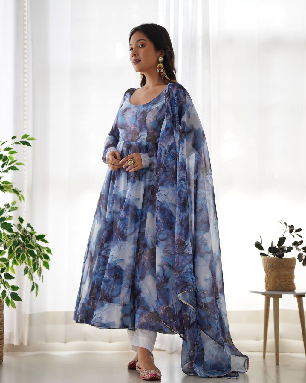 Sky Blue Printed Organza Anarkali Suit With Pant & Dupatta Set