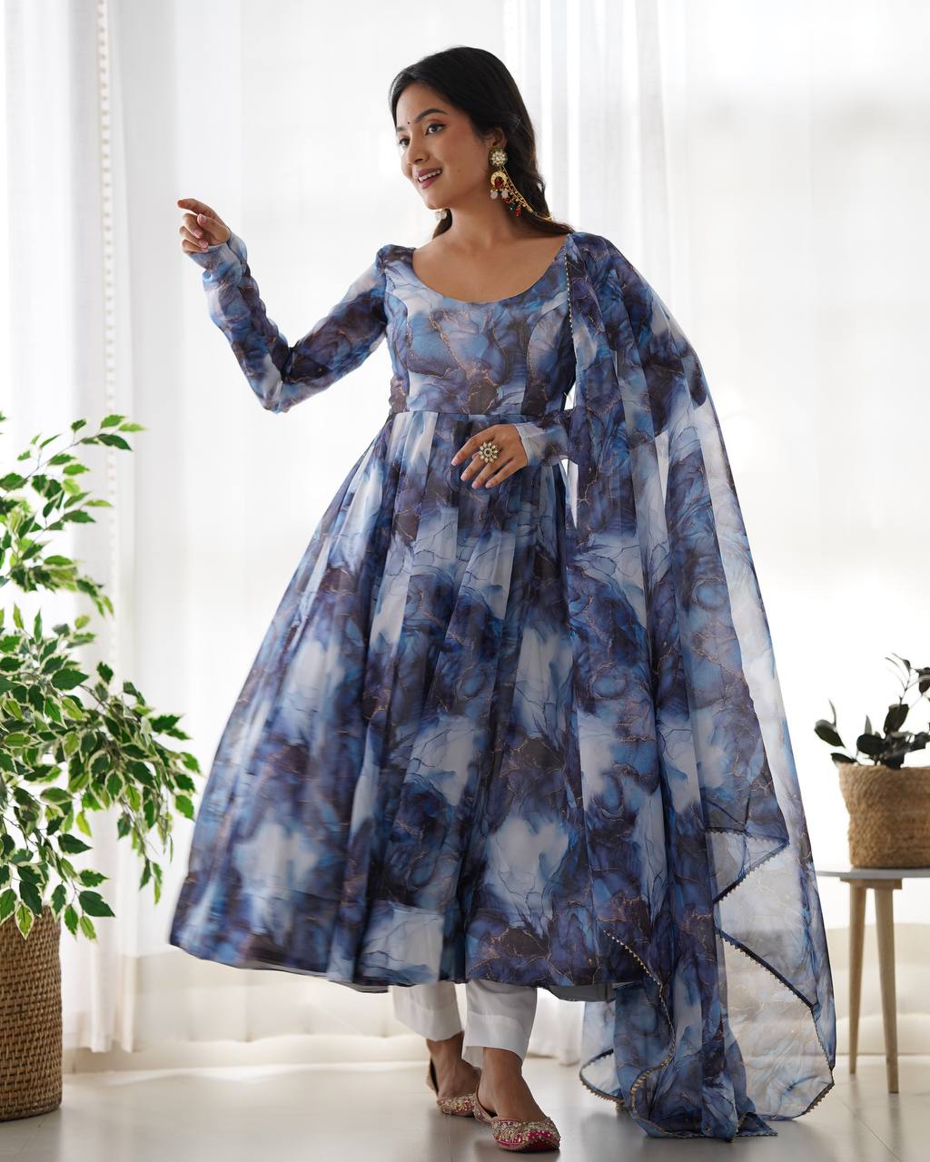 Sky Blue Printed Organza Anarkali Suit With Pant & Dupatta Set