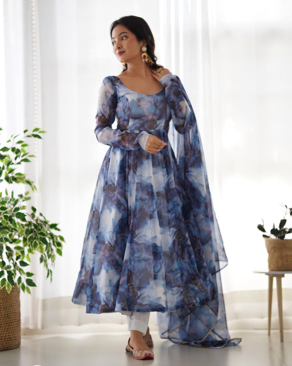 Sky Blue Printed Organza Anarkali Suit With Pant & Dupatta Set