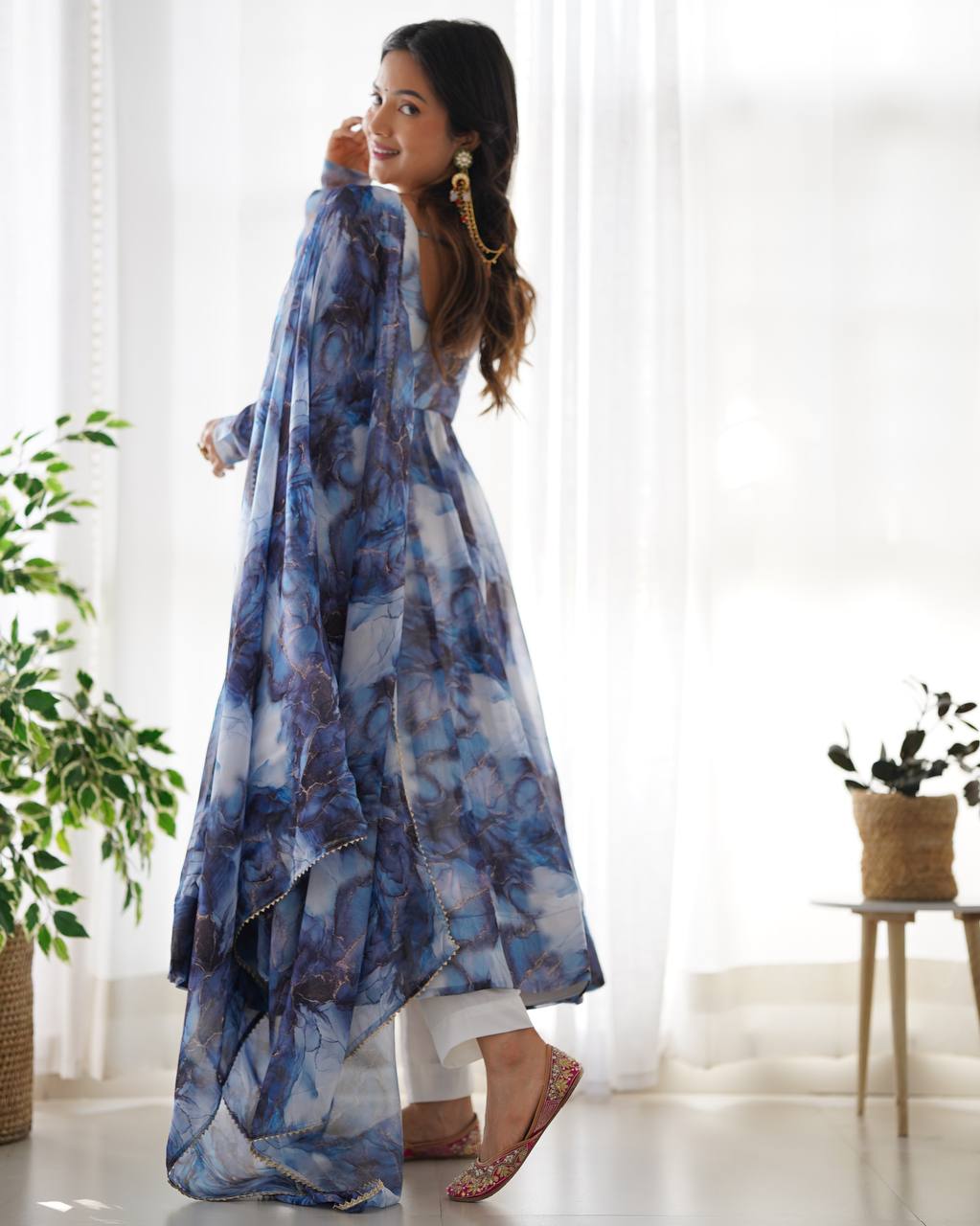 Sky Blue Printed Organza Anarkali Suit With Pant & Dupatta Set