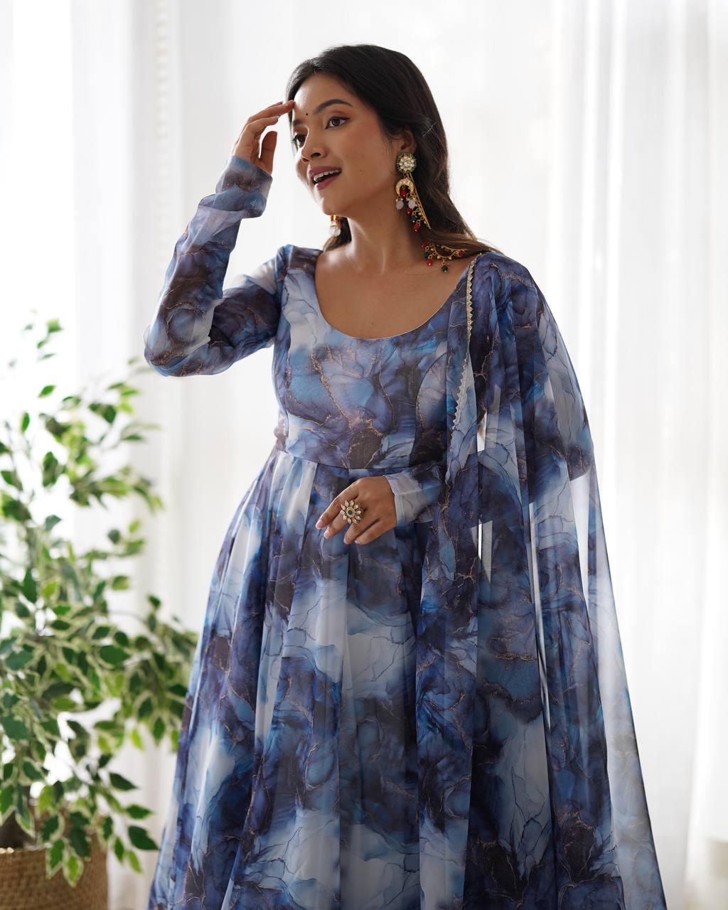 Sky Blue Printed Organza Anarkali Suit With Pant & Dupatta Set