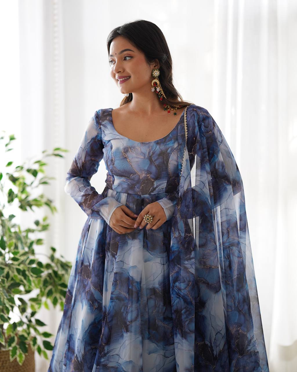Sky Blue Printed Organza Anarkali Suit With Pant & Dupatta Set