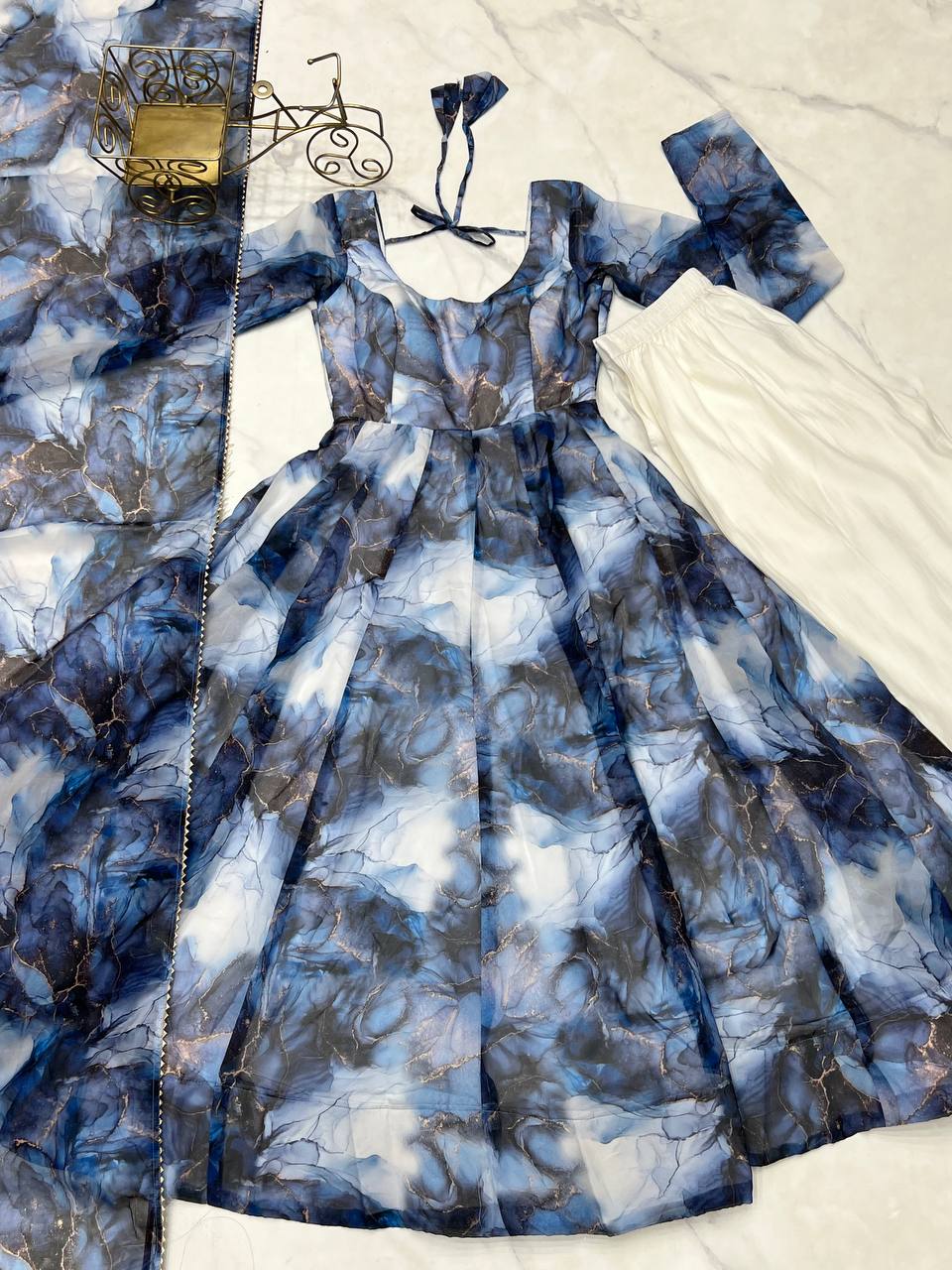 Sky Blue Printed Organza Anarkali Suit With Pant & Dupatta Set