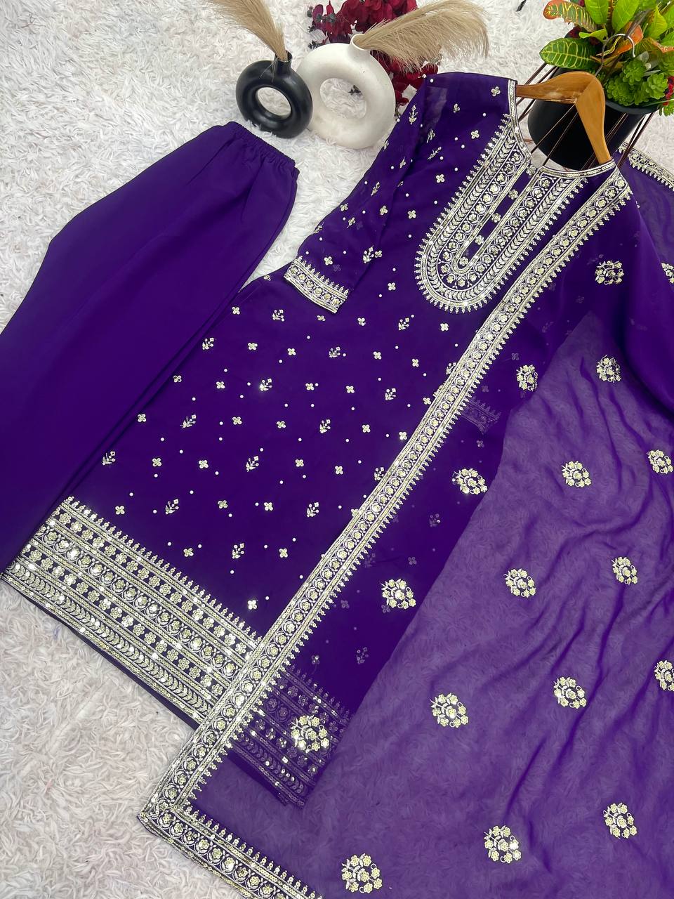 Purple Color Embroidery Sequences Work Partywear Dress