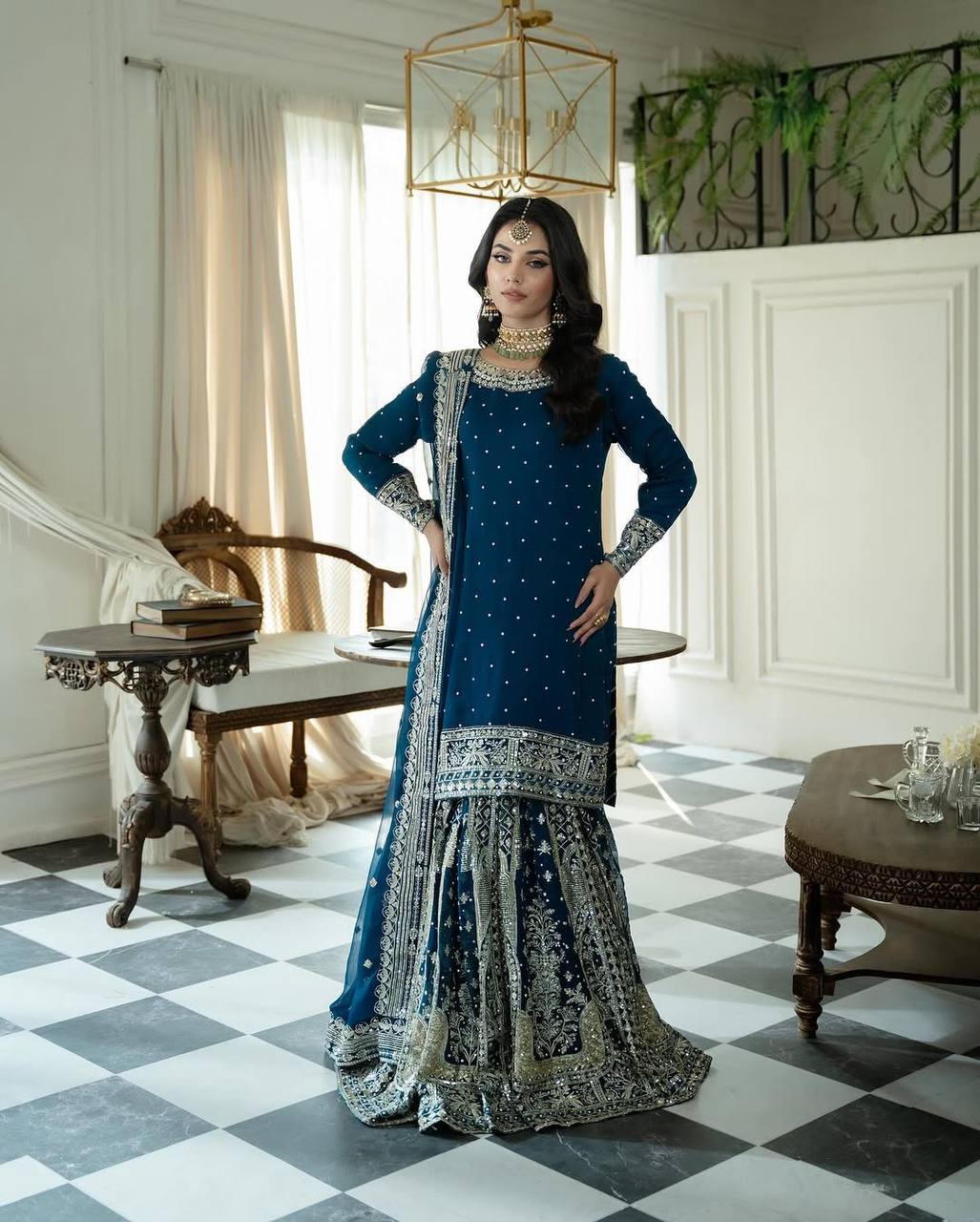 Blue Color Sequences Embroidery work Designer Sharara Suit