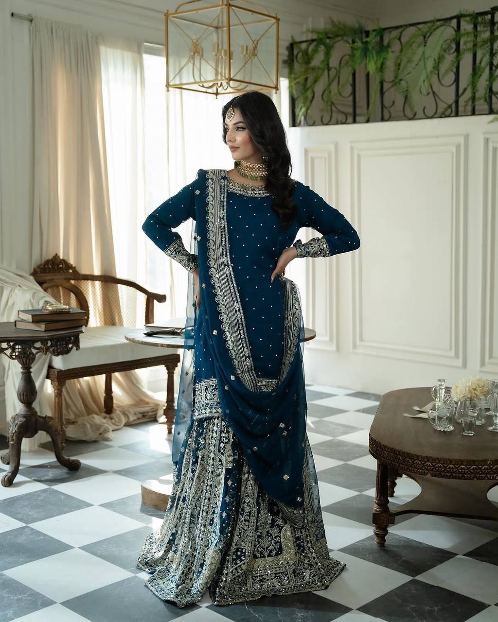 Blue Color Sequences Embroidery work Designer Sharara Suit