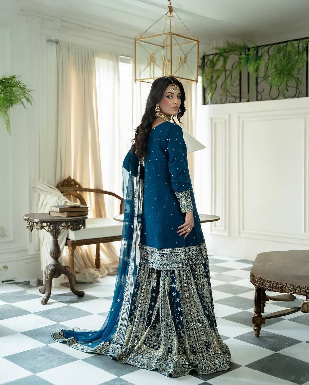 Blue Color Sequences Embroidery work Designer Sharara Suit