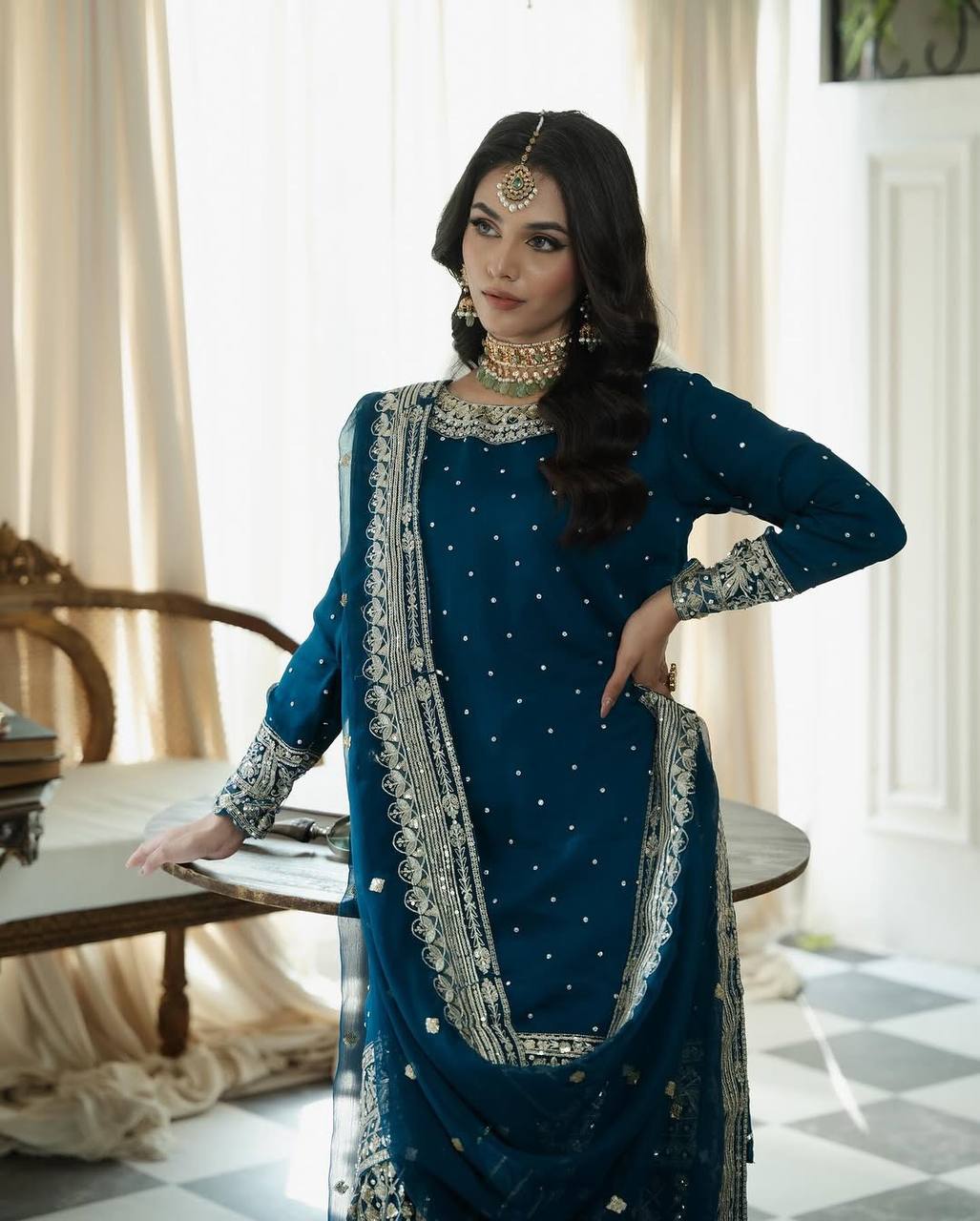 Blue Color Sequences Embroidery work Designer Sharara Suit