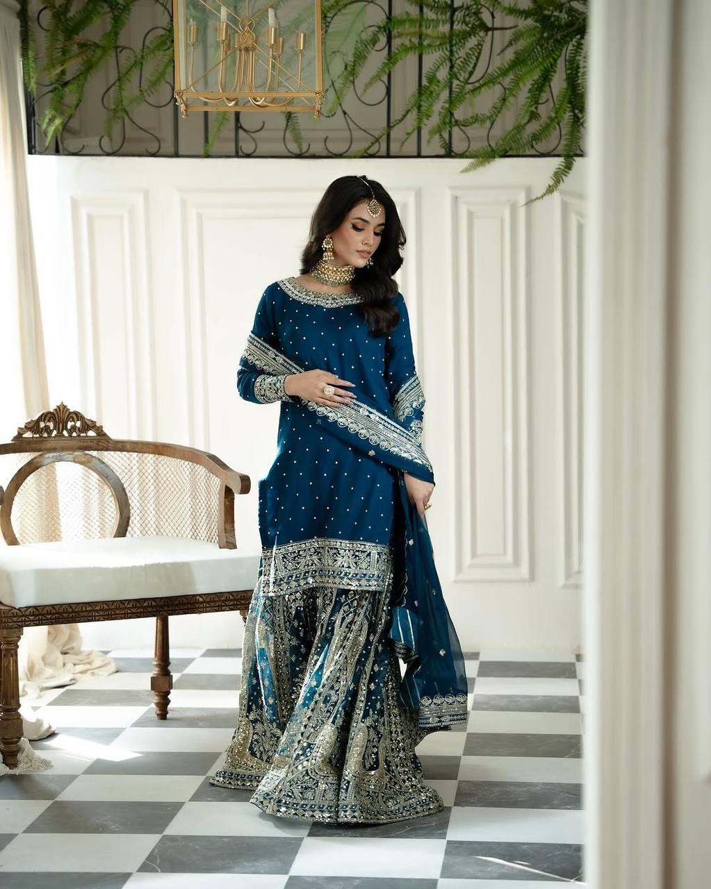 Blue Color Sequences Embroidery work Designer Sharara Suit