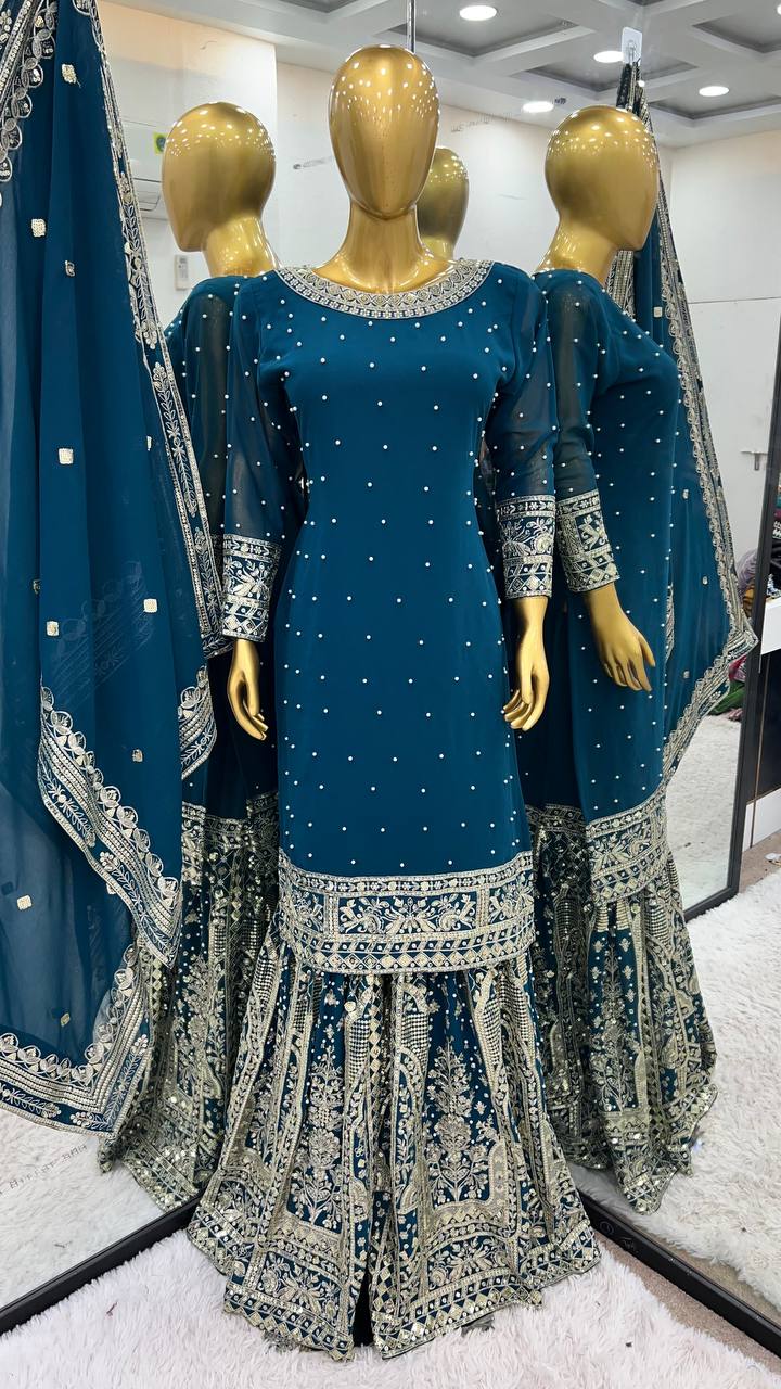 Blue Color Sequences Embroidery work Designer Sharara Suit