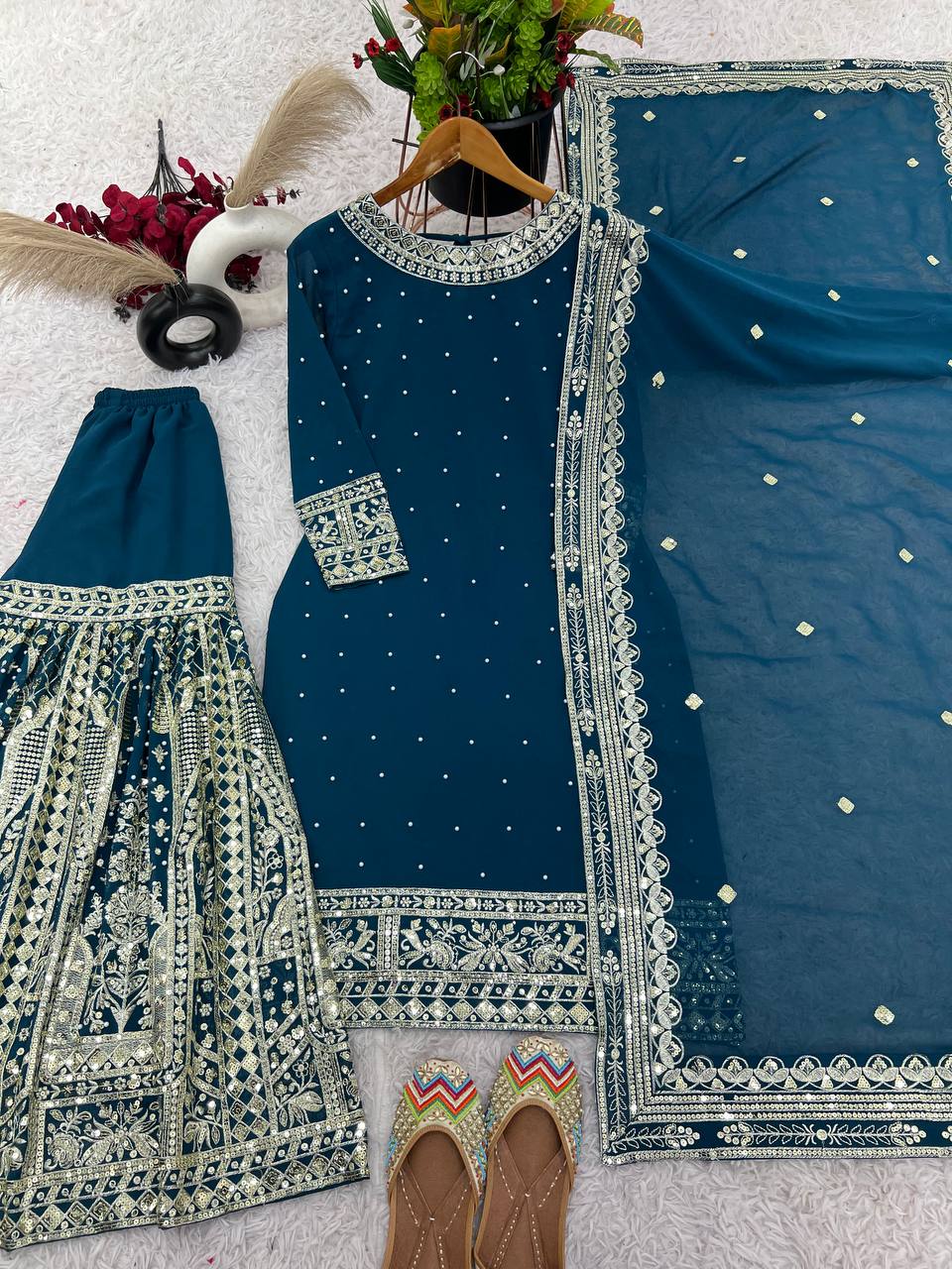 Blue Color Sequences Embroidery work Designer Sharara Suit