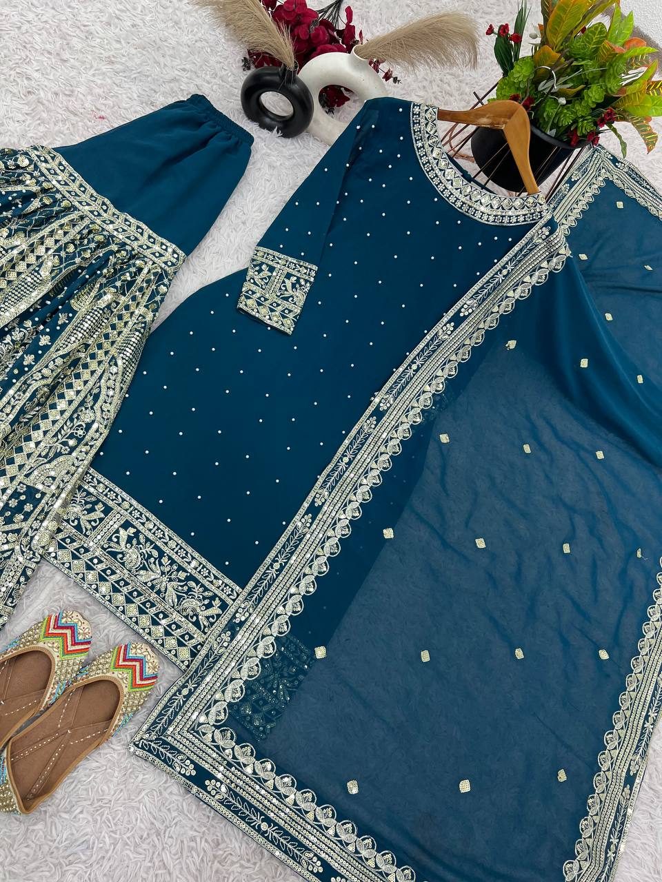 Blue Color Sequences Embroidery work Designer Sharara Suit