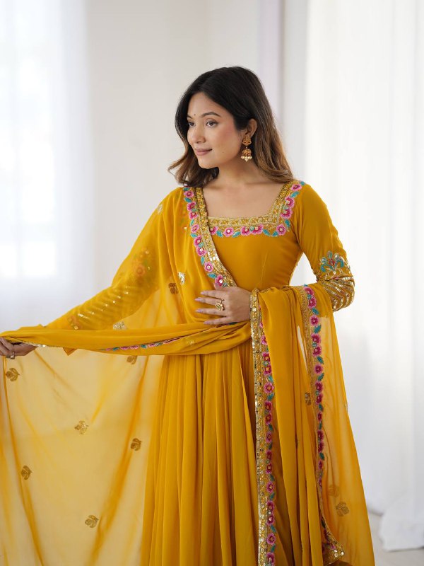 Yellow Color Georgette Party Wear Look Gown-Dupatta