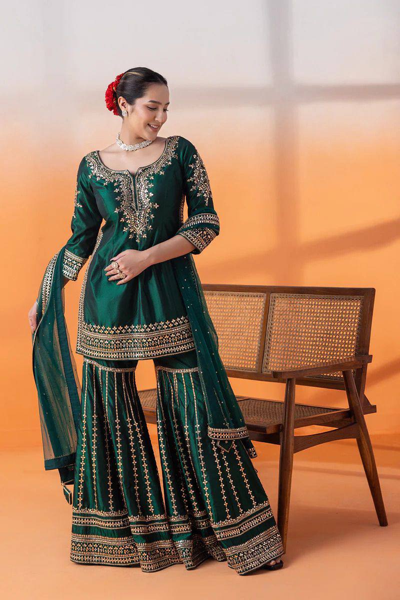 Wedding Special Green Color Silk Sharara Dress