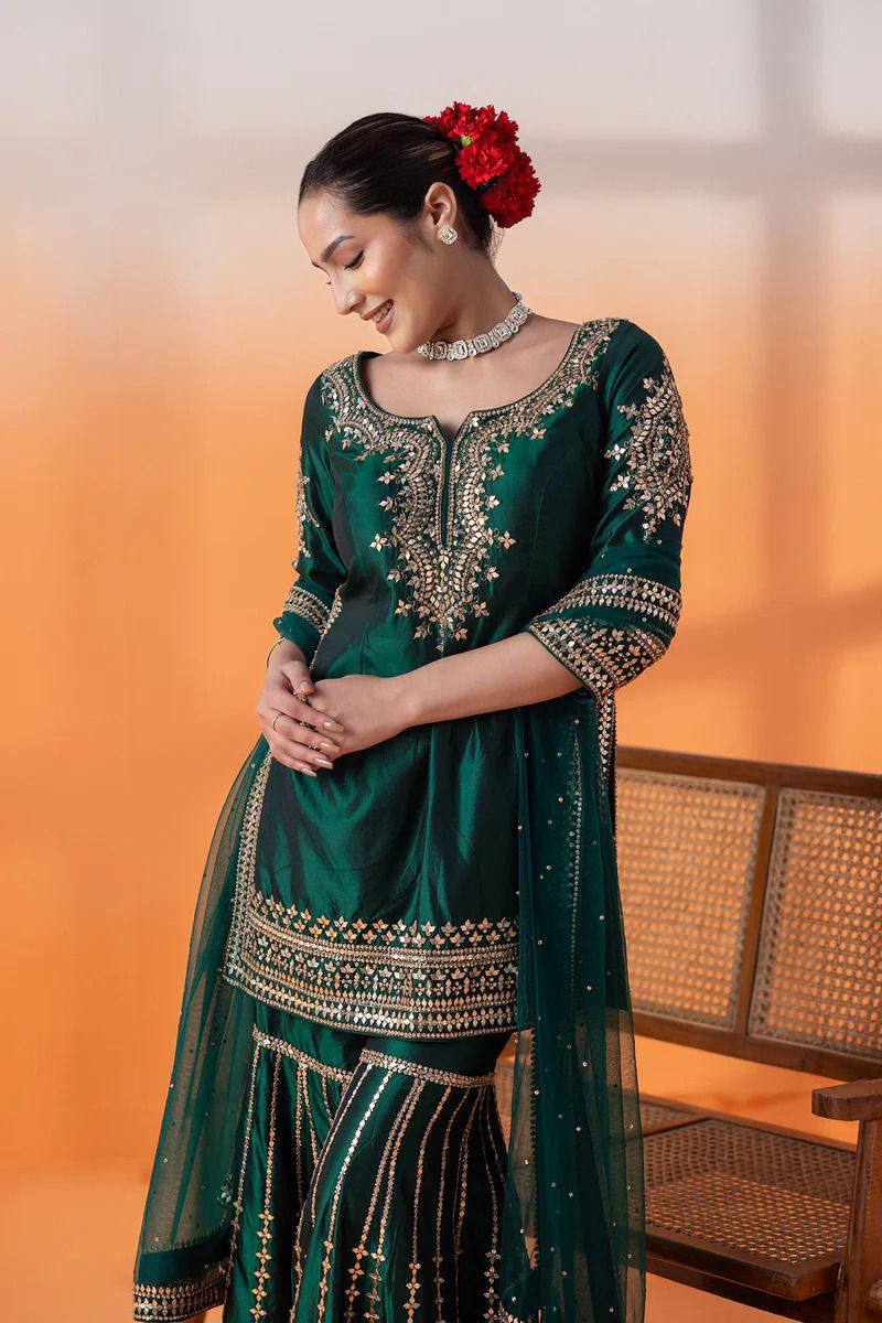 Wedding Special Green Color Silk Sharara Dress