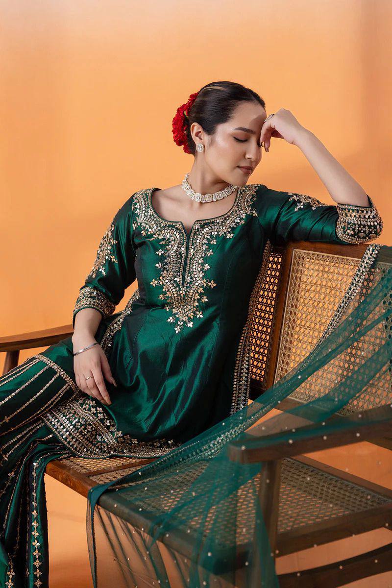 Wedding Special Green Color Silk Sharara Dress