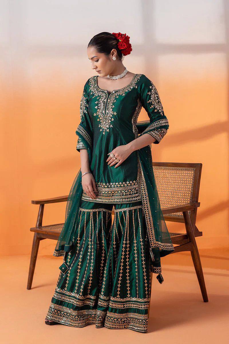 Wedding Special Green Color Silk Sharara Dress