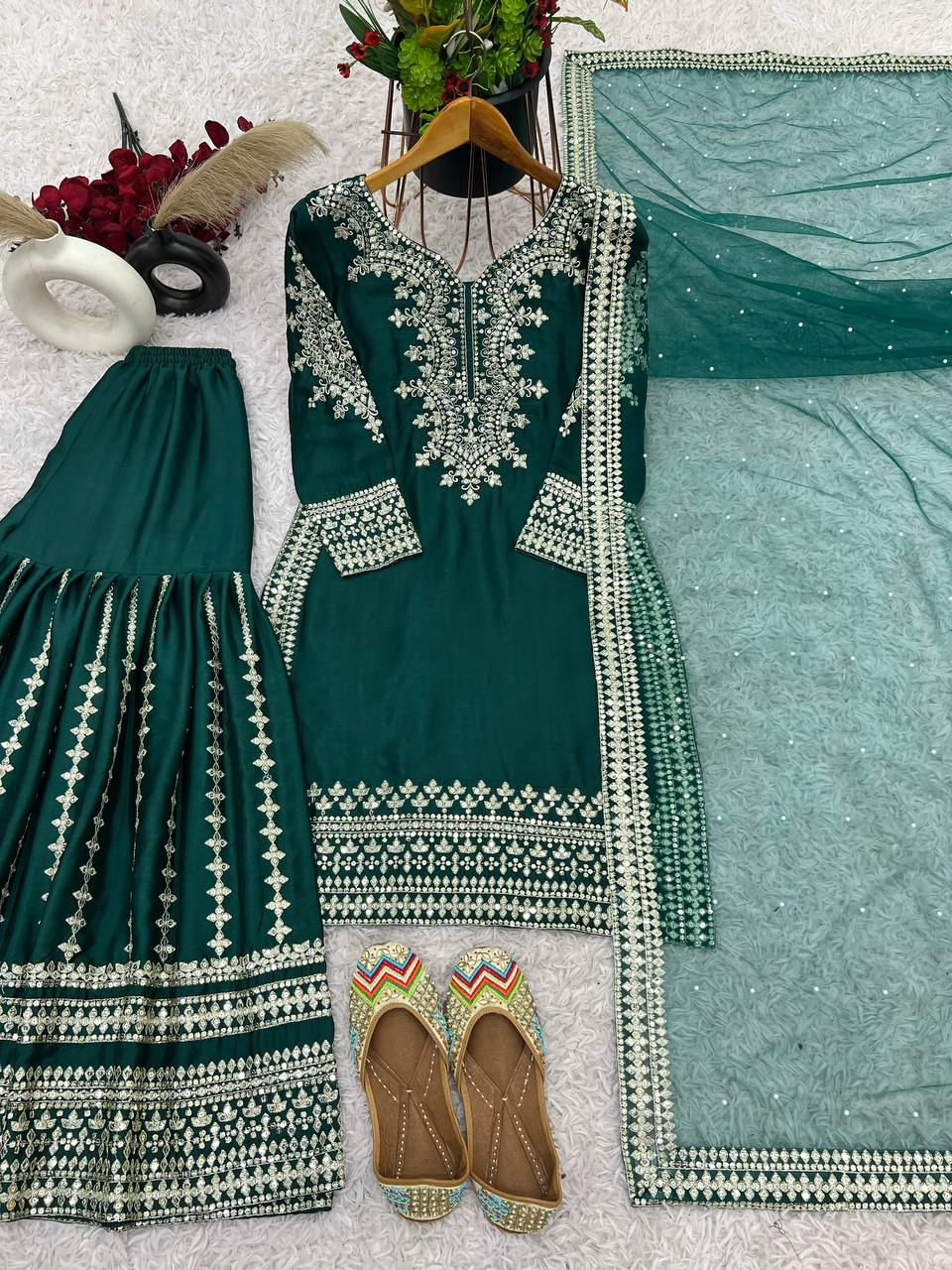 Wedding Special Green Color Silk Sharara Dress